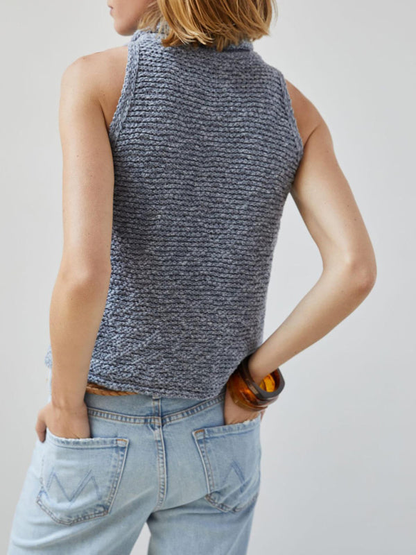 Knitted Top- Textured Sleeveless Sweater | Knitted Cowl Neck Top- - Pekosa Women Clothing