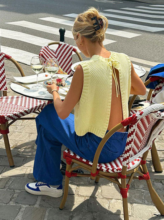 Knitwear- Knitted Backless Tank Top | Tie-Back Vest- Yellow- Pekosa Women Clothing