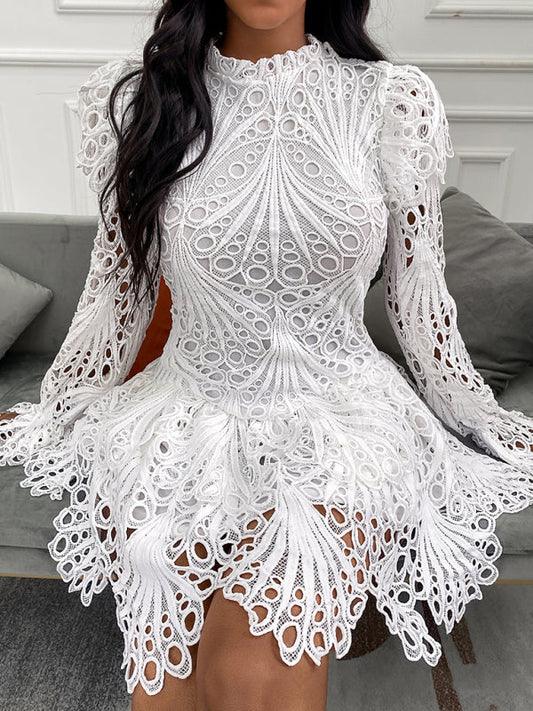 Lace Dress- Open Lace Dress with High Neck - Long Sleeve Floral Embroidered Dress- White- Pekosa Women Clothing