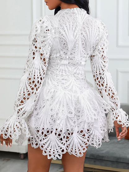 Lace Dress- Open Lace Dress with High Neck - Long Sleeve Floral Embroidered Dress- - Pekosa Women Clothing