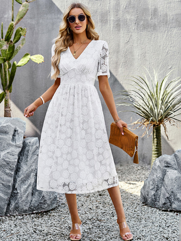 Lace Dresses- Elegant Floral Lace V-Neck Midi Dress - Perfect for Special Occasions- - Pekosa Women Clothing