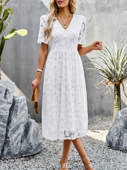 Lace Dresses- Elegant Floral Lace V-Neck Midi Dress - Perfect for Special Occasions- White- Pekosa Women Clothing
