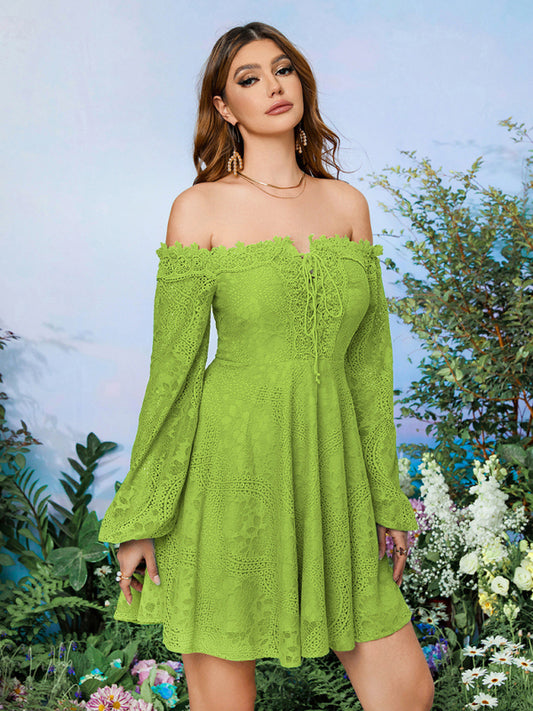 Lace Dresses- Elegant Off-Shoulder Long Sleeve Fit & Flare Dress in Guipure Lace- GreenYellow- Pekosa Women Clothing