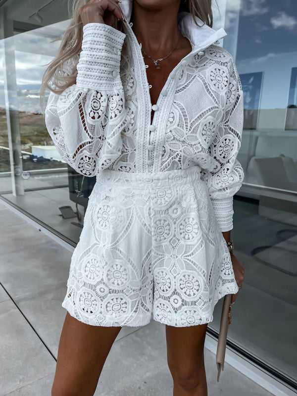 Lace Outfits- Summer Elegance Lace Outfit | Stand Collar Shirt & Wide-Leg Shorts- White- Pekosa Women Clothing