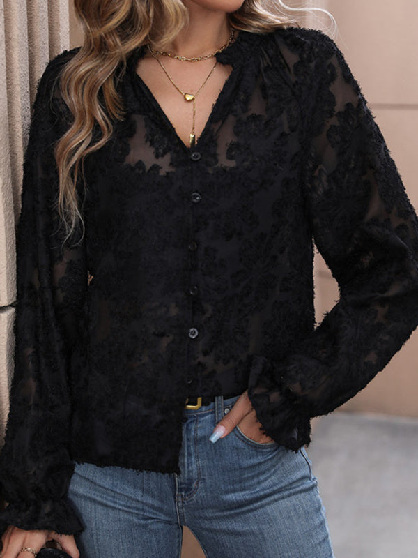 Lace Tops- Long-Sleeved Casual Lace Blouse with Button-Up Front- - Pekosa Women Clothing