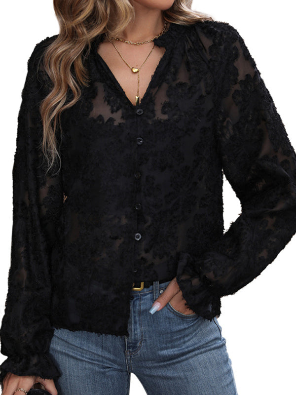 Lace Tops- Long-Sleeved Casual Lace Blouse with Button-Up Front- - Pekosa Women Clothing