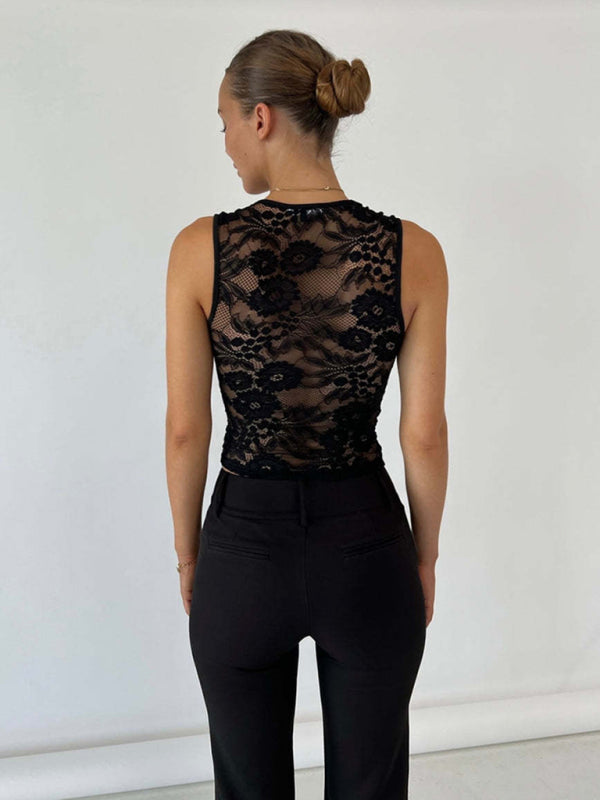 Lace Tops- See-Through Floral Lace Sleeveless Tank Top- - Pekosa Women Clothing