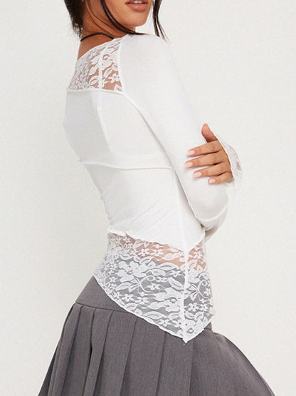 Lace Tops- Solid Fitted Long Sleeve Boatneck Patched Lace Top- - Pekosa Women Clothing