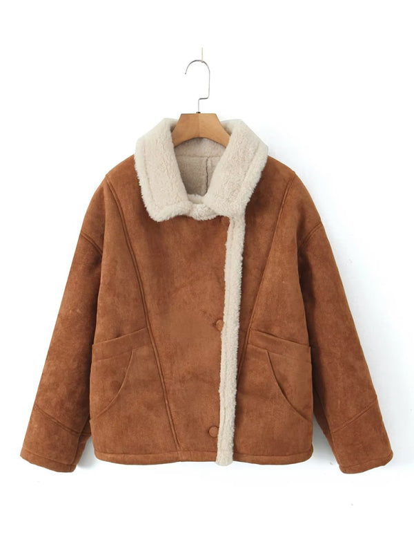 Lamb Wool Jackets- Winter Luxe Faux Lamb Wool Lapel Jacket- - Pekosa Women Clothing