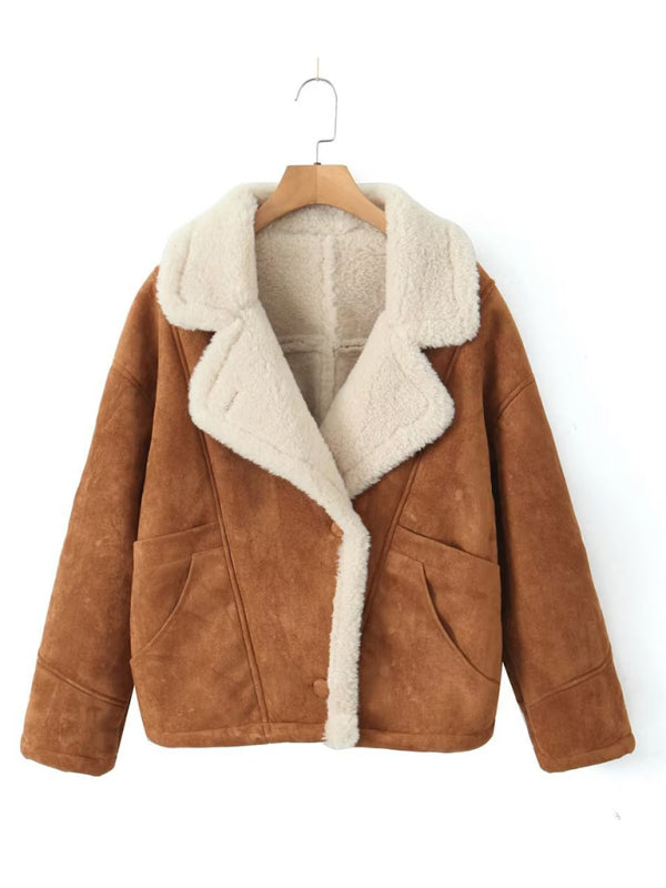 Lamb Wool Jackets- Winter Luxe Faux Lamb Wool Lapel Jacket- - Pekosa Women Clothing