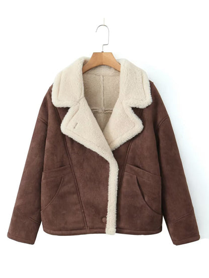 Lamb Wool Jackets- Winter Luxe Faux Lamb Wool Lapel Jacket- - Pekosa Women Clothing