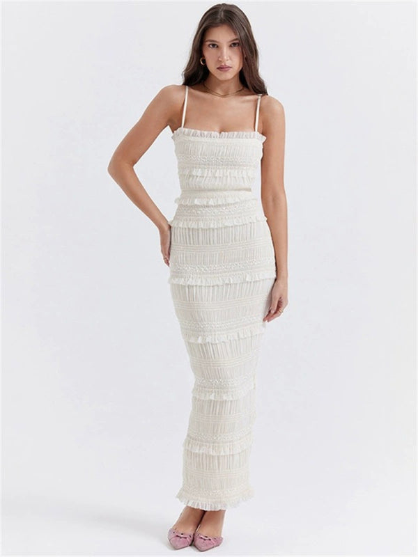 Layered Bodycon Dresses- Elegant Ruffle Layered Bodycon Long Dress with Sequin Appliqué- White- Pekosa Women Clothing