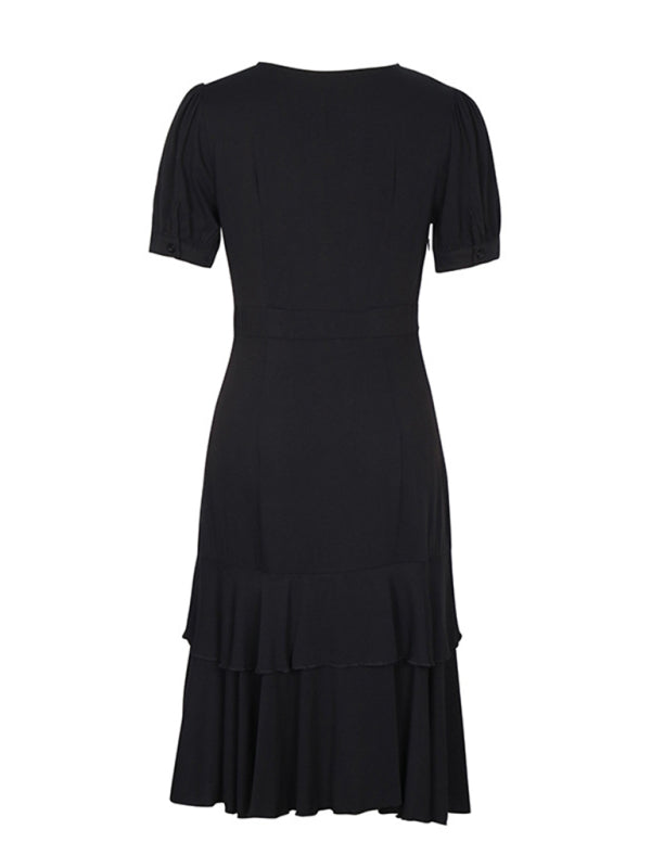 Layered Dresses- Solid Layered High-Low Midi Dress with Surplice V-Neck- - Pekosa Women Fashion