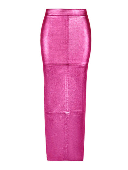 Leather Skirt- Sparkly Faux Leather Pencil Slit Maxi Skirt- - Pekosa Women Clothing