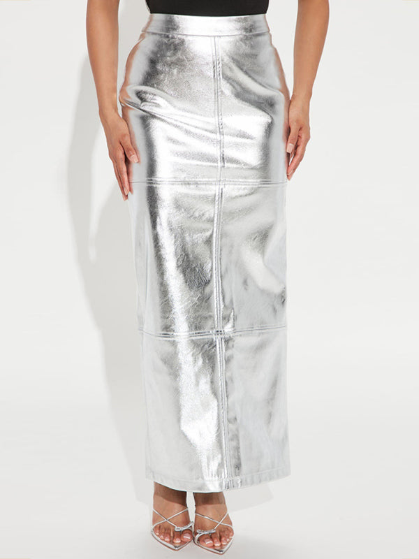 Leather Skirt- Sparkly Faux Leather Pencil Slit Maxi Skirt- - Pekosa Women Clothing