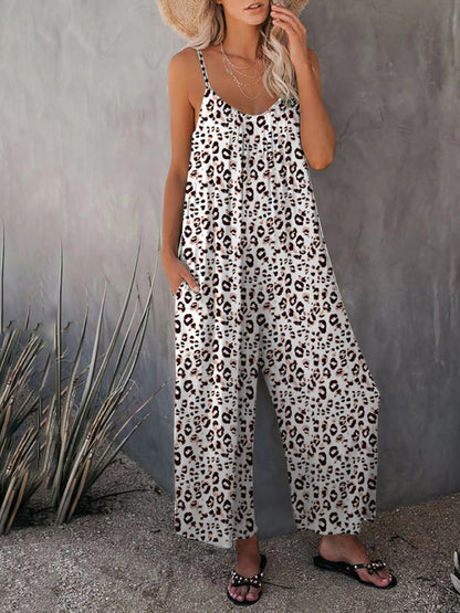 - Leopard Print Cami Wide-Leg Jumpsuit for Women- Pink- Pekosa Women Clothing