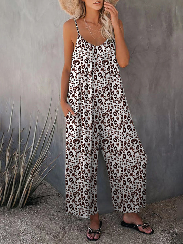 - Leopard Print Cami Wide-Leg Jumpsuit for Women- Brown- Pekosa Women Clothing