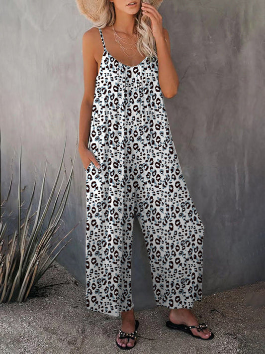 - Leopard Print Cami Wide-Leg Jumpsuit for Women- Blue- Pekosa Women Clothing