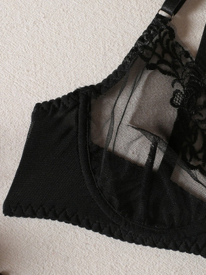 Lingerie- 3-Piece Bra & G-String & Garters Belt - Embroidery Lace Lingerie Chain Accents- - Pekosa Women Clothing