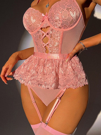 Lingerie- Elegant Floral Lace Bodysuit Teddy Set with Stockings- Pink- Pekosa Women Clothing