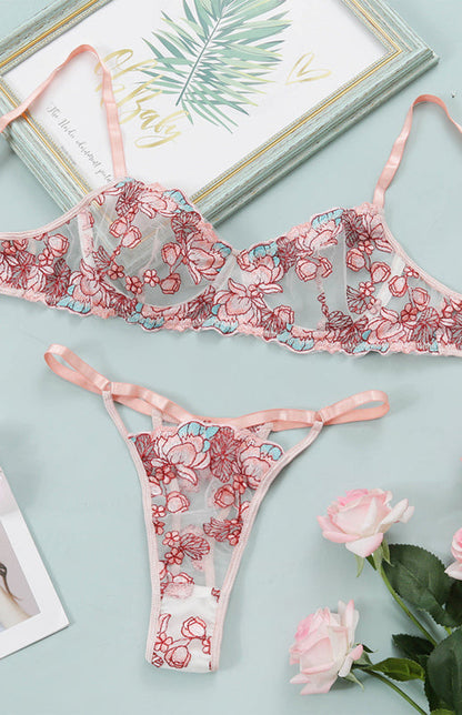 Lingerie- Floral Women's Lace Lingerie - Embroidered Bra and G-String- - Pekosa Women Clothing
