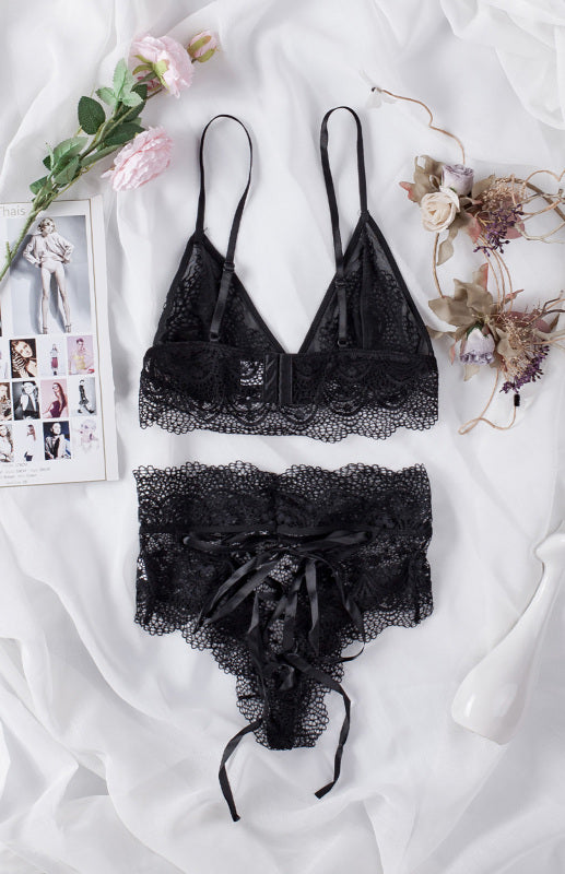 Lingerie- Lace 2 Piece Bralette and High Waisted Lace-Up Panty - Lingerie Duo- - Pekosa Women Clothing