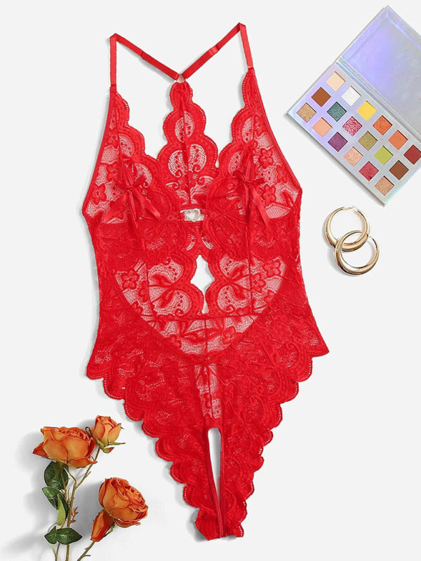 Lingerie- Lace Cutout Plunge Bodysuit Lingerie- Red- Pekosa Women Clothing