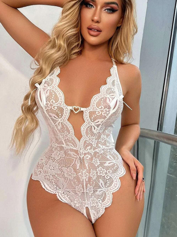 Lingerie- Lace Cutout Plunge Bodysuit Lingerie- White- Pekosa Women Clothing