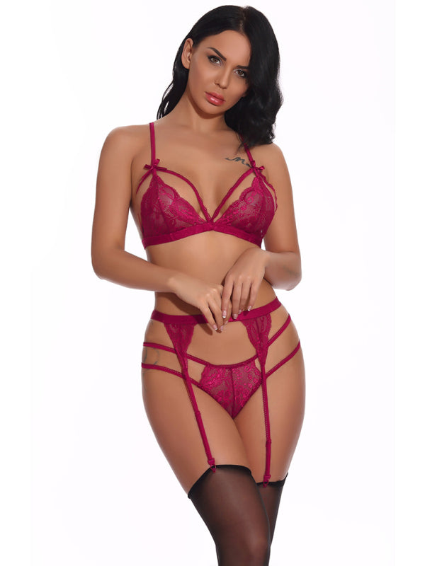 Lingerie- Lace Elegance in a 3-Piece Set - Triangle Bra & G-String & Garter Belt- Wine Red- Pekosa Women Clothing