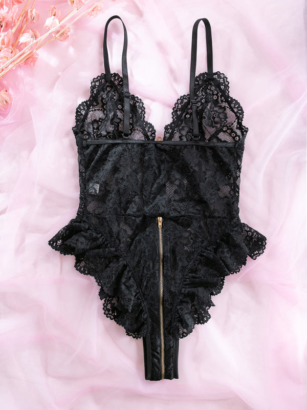 Lingerie- Lingerie Bodysuit | Ruffle Lace One-Piece Zip-Up Teddy- - Pekosa Women Clothing