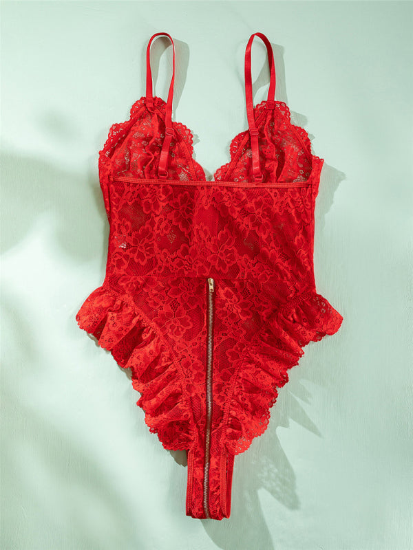 Lingerie- Lingerie Bodysuit | Ruffle Lace One-Piece Zip-Up Teddy- - Pekosa Women Clothing