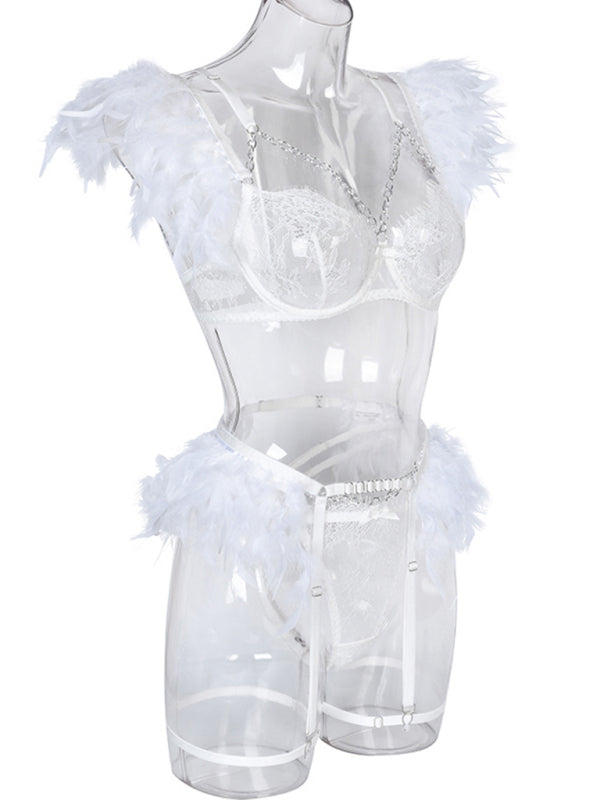 Lingerie Outfit- Feathered 3-Piece Lace Lingerie Set - Bra, G-String, and Garters Belt- - Pekosa Women Clothing