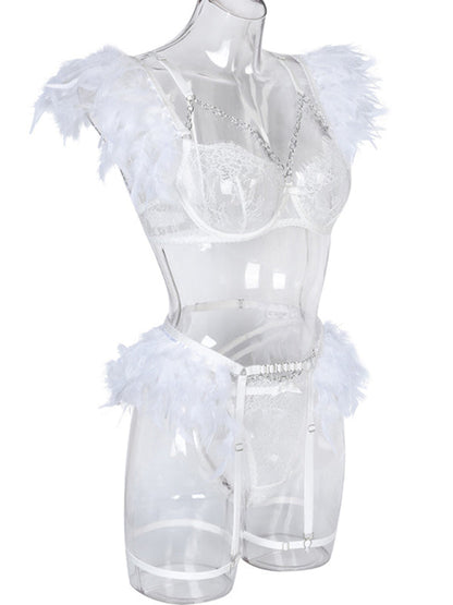 Lingerie Outfit- Feathered 3-Piece Lace Lingerie Set - Bra, G-String, and Garters Belt- - Pekosa Women Clothing