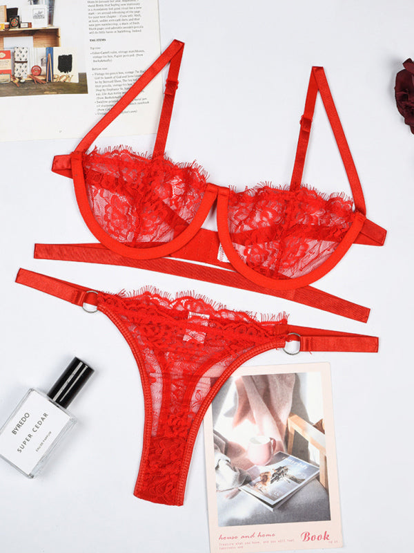 Lingerie Outfit- See-Through Lace Bra and Thong Set for Wedding Nights- - Pekosa Women Clothing