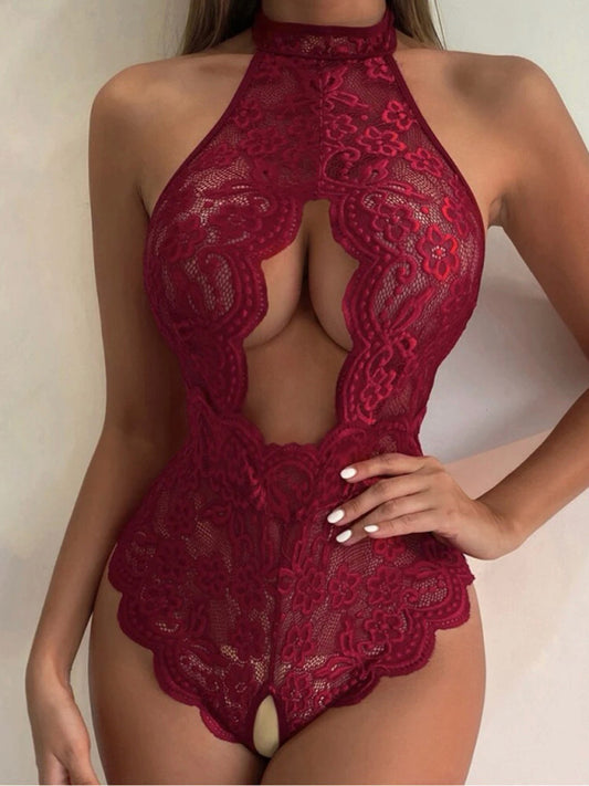 Lingerie- See-Through Bodysuit Lingerie - Lace Cutout Teddy- Wine Red- Pekosa Women Clothing