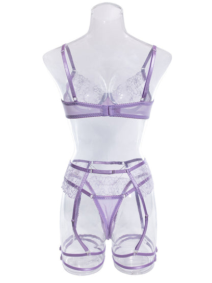 Lingerie Set- 3-Pc Bra, G-String & Garter Belt - Sheer Lace Lingerie Set- - Pekosa Women Clothing