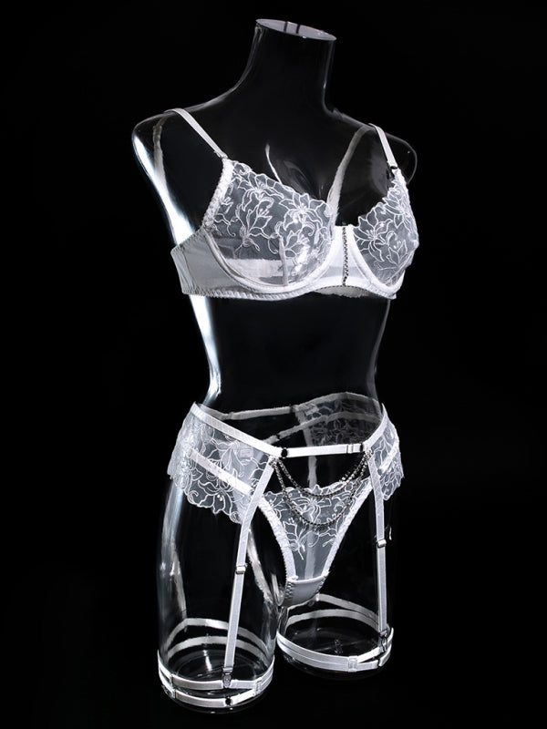 Lingerie Set- 3-Pc Bra, G-String & Garter Belt - Sheer Lace Lingerie Set- - Pekosa Women Clothing