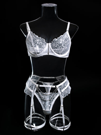 Lingerie Set- 3-Pc Bra, G-String & Garter Belt - Sheer Lace Lingerie Set- - Pekosa Women Clothing