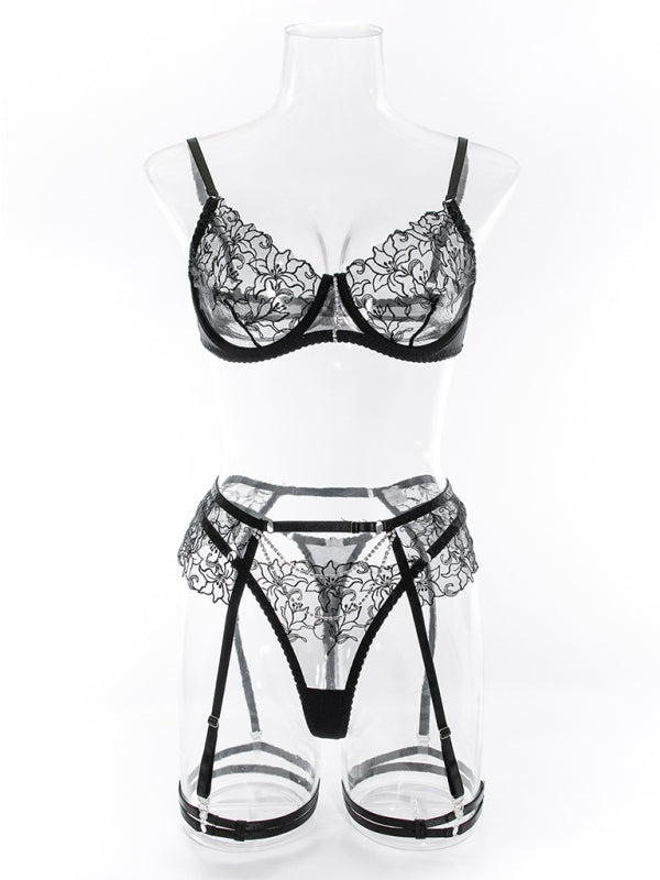 Lingerie Set- 3-Pc Bra, G-String & Garter Belt - Sheer Lace Lingerie Set- - Pekosa Women Clothing