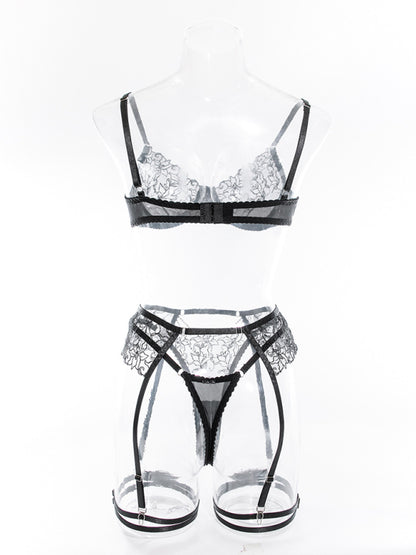 Lingerie Set- 3-Pc Bra, G-String & Garter Belt - Sheer Lace Lingerie Set- - Pekosa Women Clothing