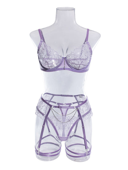 Lingerie Set- 3-Pc Bra, G-String & Garter Belt - Sheer Lace Lingerie Set- - Pekosa Women Clothing