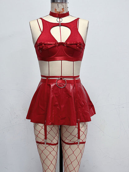 Lingerie Set- Complete Faux Leather Cosplay Lingerie Set for Playful Nights- Red- Pekosa Women Clothing