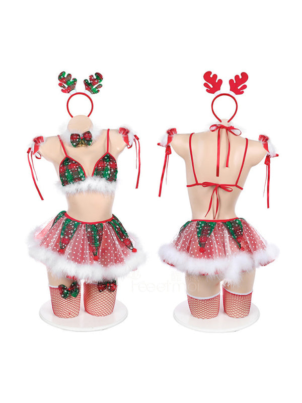 Lingerie Set- Feathered Fantasy: Christmas Lingerie with 7-Piece Ensemble- - Pekosa Women Clothing