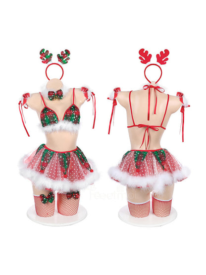 Lingerie Set- Feathered Fantasy: Christmas Lingerie with 7-Piece Ensemble- - Pekosa Women Clothing