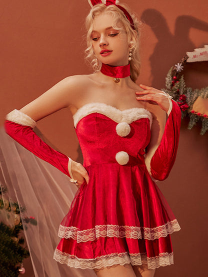 Lingerie Set- Santa's Secret: 6-Piece Velvet Dress Set Christmas Outfit- - Pekosa Women Clothing