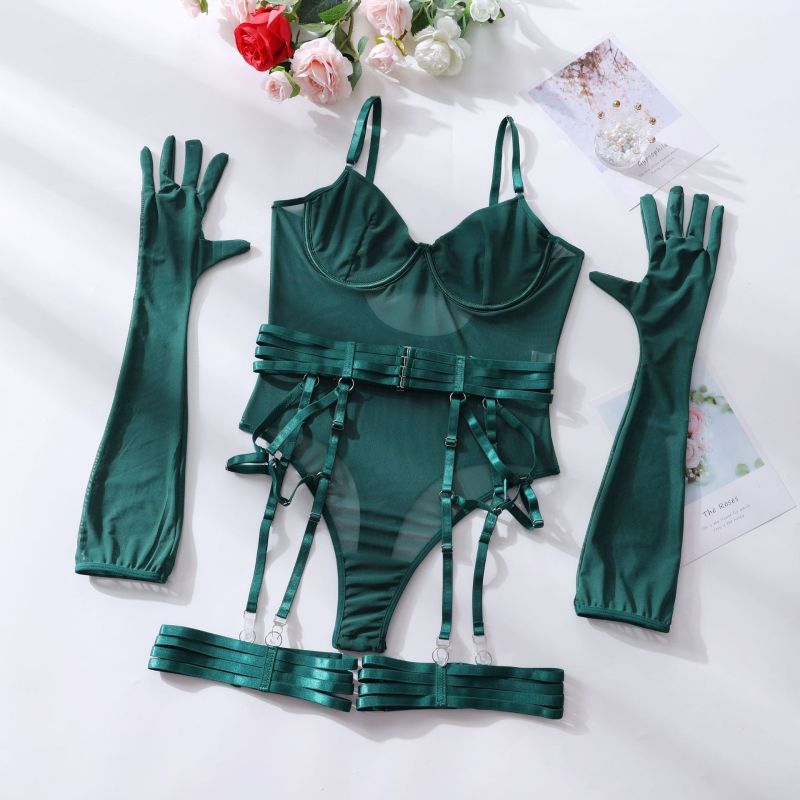 Lingerie Set- See-Through Lingerie Trio Bodysuit, Garter Belt & Gloves- Green black jasper- Pekosa Women Clothing