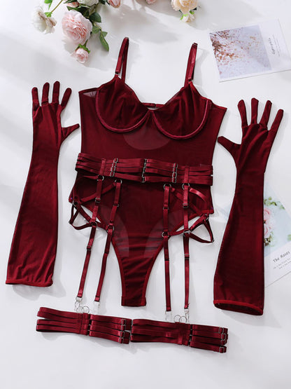 Lingerie Set- See-Through Lingerie Trio Bodysuit, Garter Belt & Gloves- - Pekosa Women Clothing