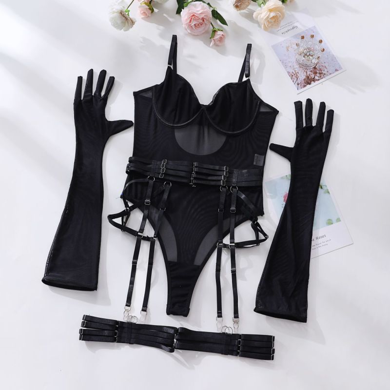 Lingerie Set- See-Through Lingerie Trio Bodysuit, Garter Belt & Gloves- Black- Pekosa Women Clothing