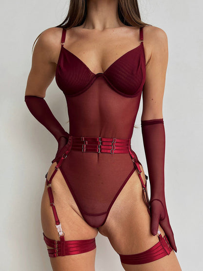 Lingerie Set- See-Through Lingerie Trio Bodysuit, Garter Belt & Gloves- Wine Red- Pekosa Women Clothing