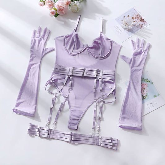 Lingerie Set- See-Through Lingerie Trio Bodysuit, Garter Belt & Gloves- Purple- Pekosa Women Clothing